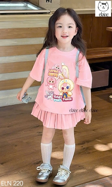 Bộ cotton hồng Baby Three Pony áo mix chân váy xếp ly hãng Elaine