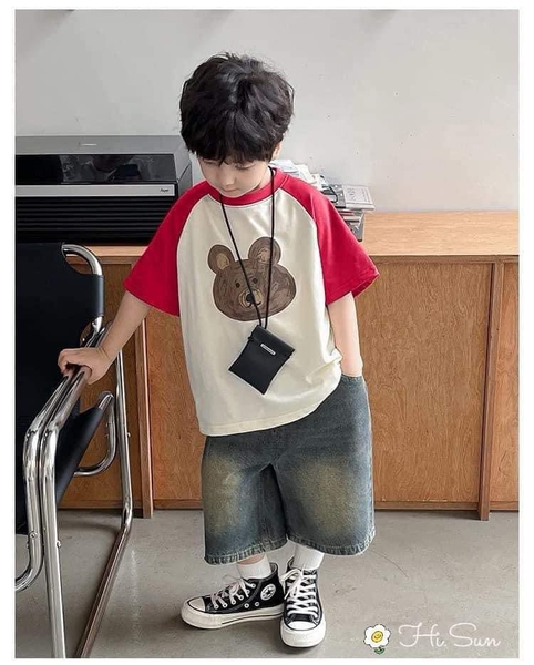 Bộ Hi.Sun áo raglan đỏ be in hình gấu mix quần jean đen lưng chun