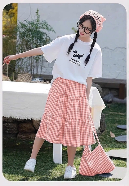 Set bộ 11-15Y WinWin áo cotton cộc tay trắng kèm túi mix chân váy caro 3 màu