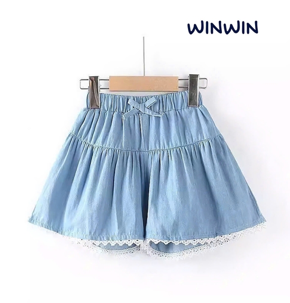 Quần váy 9-14Y jean giấy Nexxi viền ren dáng xòe 2 màu đậm, nhạt