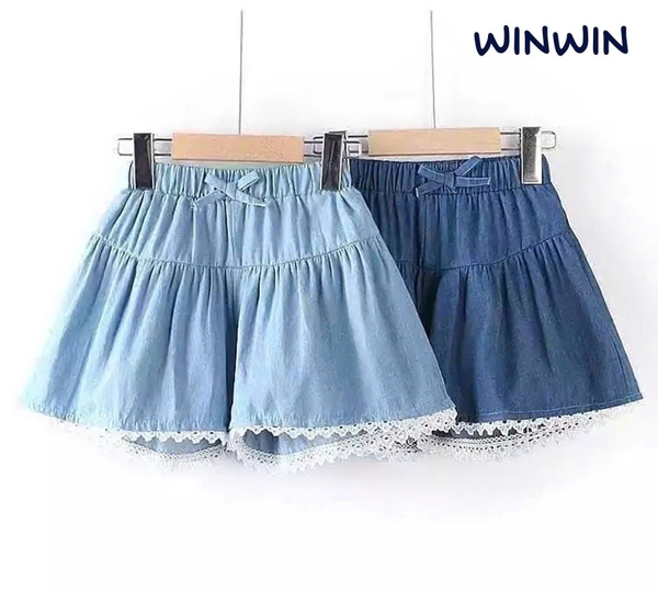 Quần váy 9-14Y jean giấy Nexxi viền ren dáng xòe 2 màu đậm, nhạt