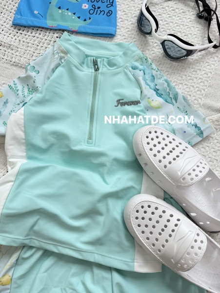 Bộ bơi FOREVER Yuke áo cộc tay quần sooc có khoá cổ tay mix họa tiết sinh vật biển xanh mint