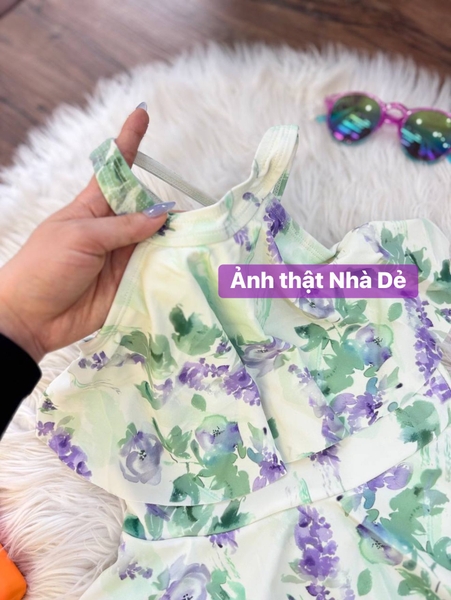Váy bơi Yuke 2 dây xanh hoa tím cho bé gái