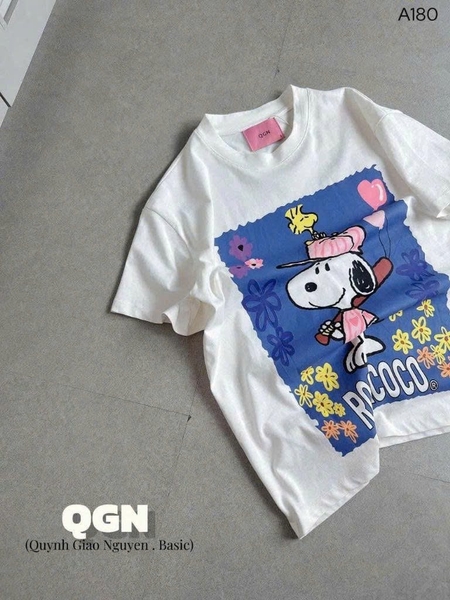 Áo phông cotton cộc tay trắng Snoopy Rockcoco xanh biển