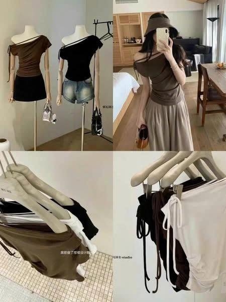 Áo thun lệch vai WG.WE 2 màu trắng, nâu