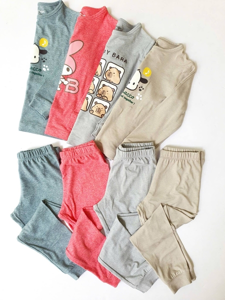 Bộ cotton dài tay Beemon 4 mẫu Melody hồng, Pochacco be, xanh, Capybara xám