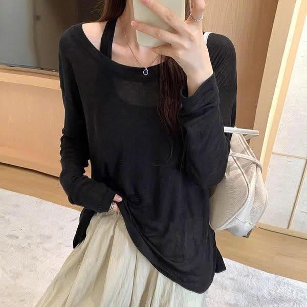 Set áo len mỏng dài tay kèm áo ba lỗ HANJIANNA 3 màu trắng, nâu, đen