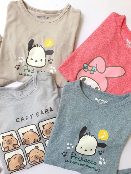 Bộ cotton dài tay Beemon 4 mẫu Melody hồng, Pochacco be, xanh, Capybara xám