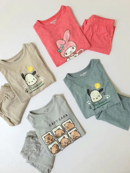 Bộ cotton dài tay Beemon 4 mẫu Melody hồng, Pochacco be, xanh, Capybara xám