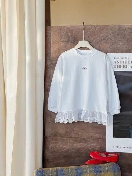 Áo cotton dài tay màu trắng AMBB thêu nơ mix ren
