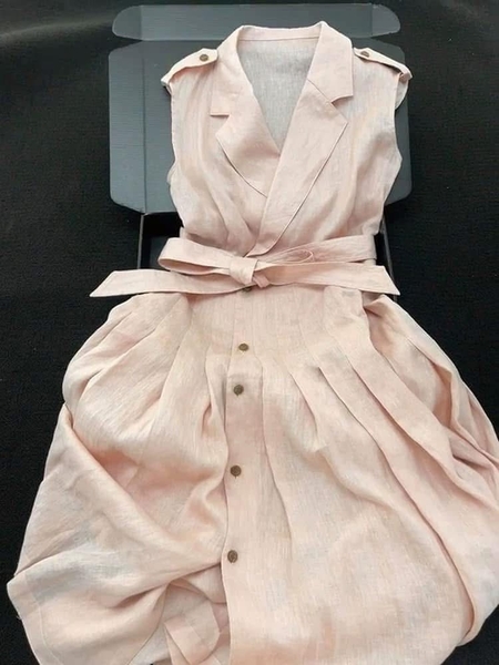 Váy suông linen sát nách kèm đai 2 màu hồng, xanh