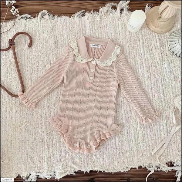 Bodysuit len tăm cổ hoa hai màu hồng, nâu