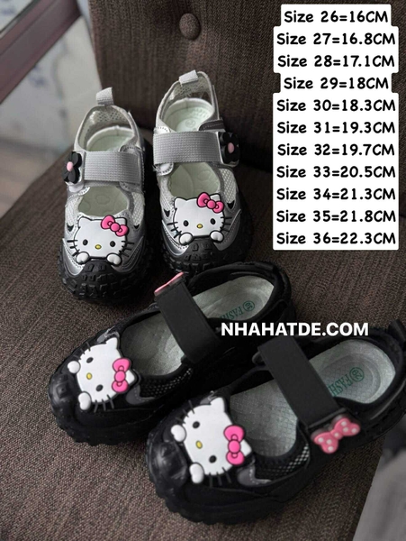 Giày thoáng khí quai dán Hello Kitty đen và ghi