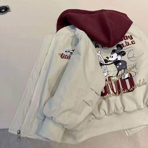 Áo khoác bomber trần bông có mũ Mickey GOD 2 màu đen, be