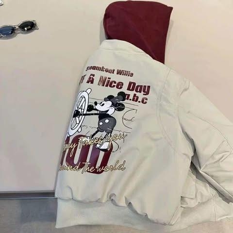 Áo khoác bomber trần bông có mũ Mickey GOD 2 màu đen, be
