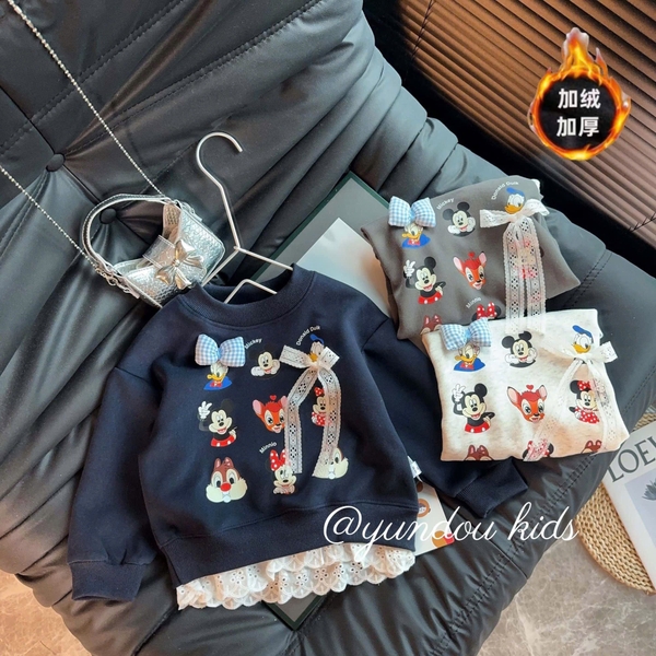 Áo nỉ lót lông phối ren họa tiết Disney 3 màu trắng tiêu, navy, xám