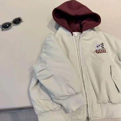 Áo khoác bomber trần bông có mũ Mickey GOD 2 màu đen, be