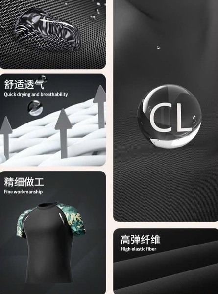 Bộ bơi nam Yuke áo cộc tay quần 2 lớp màu đen phối xanh lá và xám