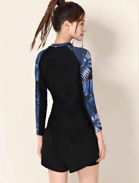 Bộ bơi Yuke nữ áo dài tay raglan phối họa tiết lá quần sooc GRN SPORT 2 màu đen, navy
