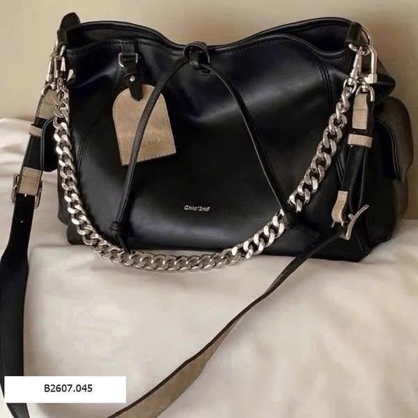 Túi xách bản to 28x11x23cm phối dây xích Chio'2nd màu đen