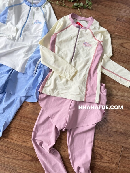 Bộ bơi dài tay kéo khóa chữ Sure 2 màu xanh, hồng