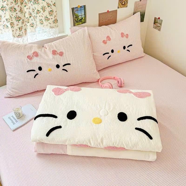 Chăn ga Hello kitty moew moew 3 màu hồng, xanh dương, xanh lá