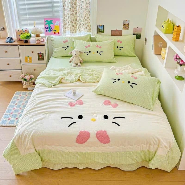 Chăn ga Hello kitty moew moew 3 màu hồng, xanh dương, xanh lá