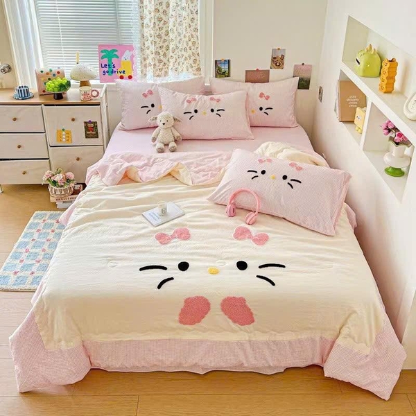 Chăn ga Hello kitty moew moew 3 màu hồng, xanh dương, xanh lá