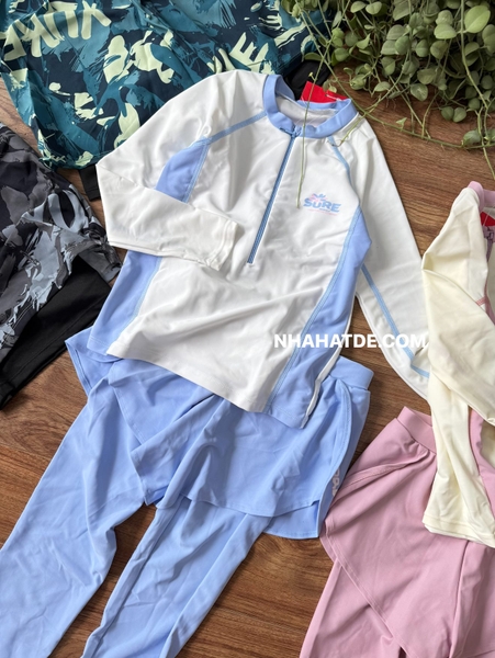 Bộ bơi dài tay kéo khóa chữ Sure 2 màu xanh, hồng