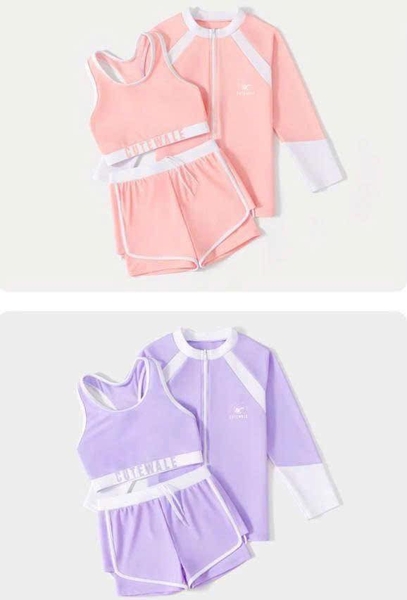 Bộ bơi Yuke Cute Wale bé gái dài tay 3 món áo khoác, áo bra, quần sooc màu hồng