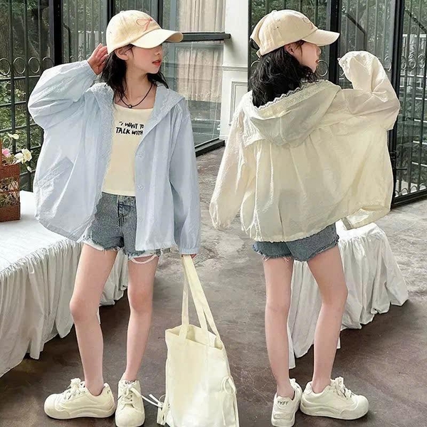 Áo khoác gió phối viền ren 2 màu xanh, vàng