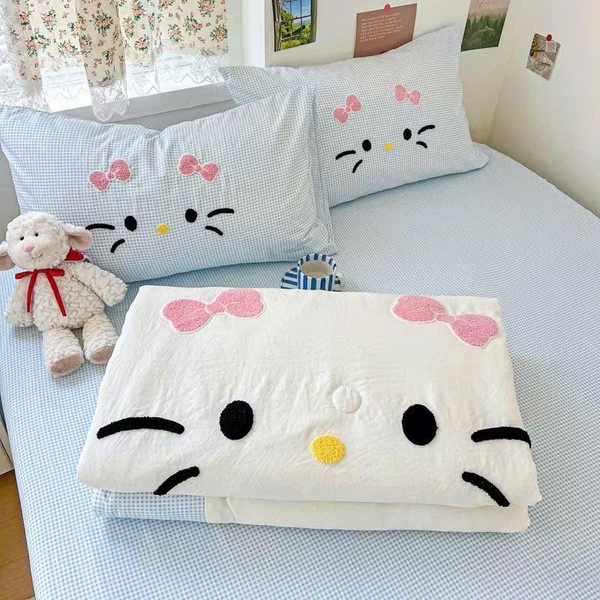 Chăn ga Hello kitty moew moew 3 màu hồng, xanh dương, xanh lá
