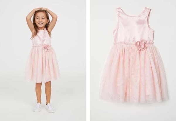 Váy H&M sát nách 3 màu tím, hồng, nâu be vải satin đính hoa chân voan