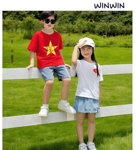 Áo phông 9-14Y cộc tay WINWIN màu đỏ họa tiết sao vàng Việt Nam