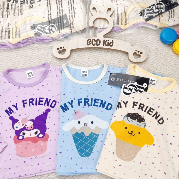 Set 3 bộ cotton dài tay Sanrio Kuromi, Cinnamoroll tông màu xanh, tím, vàng