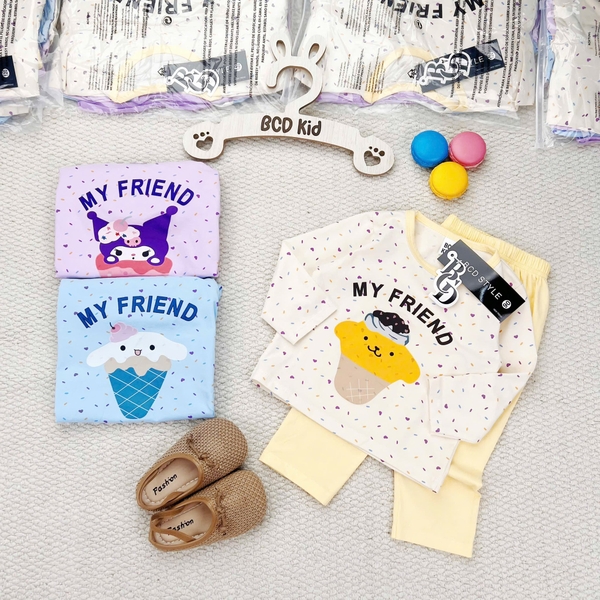 Set 3 bộ cotton dài tay Sanrio Kuromi, Cinnamoroll tông màu xanh, tím, vàng