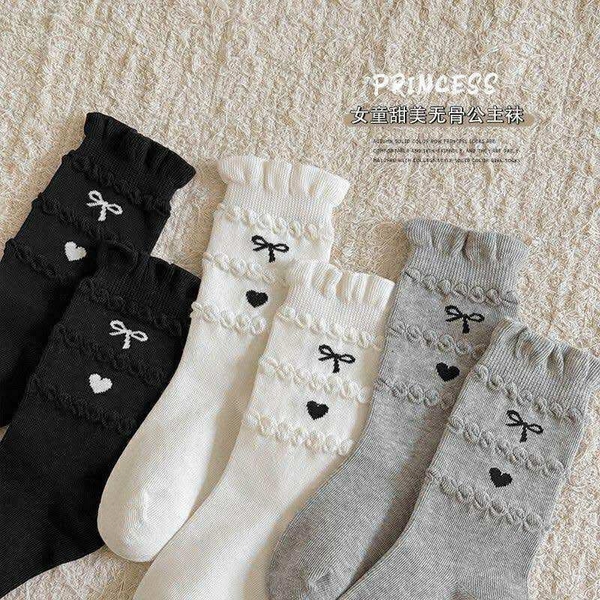 Set 3 đôi tất nơ cổ cao màu trắng, xám, đen