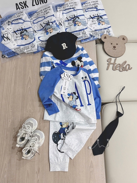 Set 2 bộ dài tay cotton GAP MICKEY tone xanh ghi cho bé trai