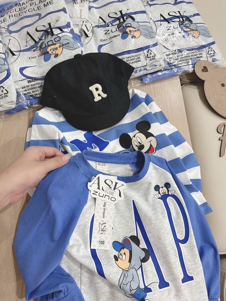 Set 2 bộ dài tay cotton GAP MICKEY tone xanh ghi cho bé trai