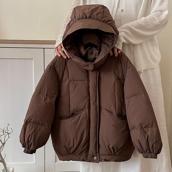 Áo phao Hàn dáng dài kèm mũ 4 màu đỏ, nâu, xám, đen