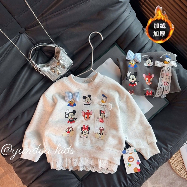 Áo nỉ lót lông phối ren họa tiết Disney 3 màu trắng tiêu, navy, xám