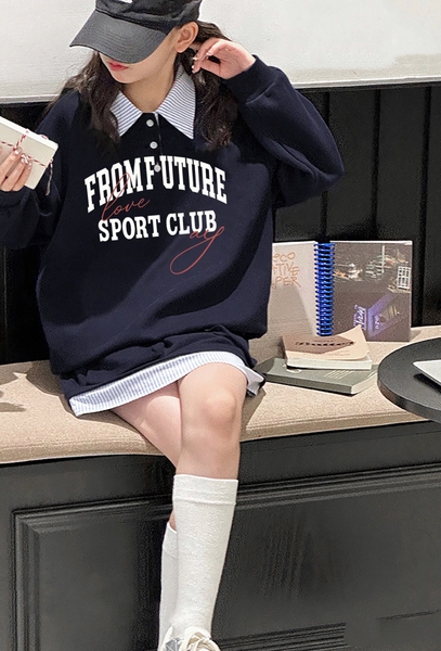 Bộ nỉ From Future Nabi dài tay cổ sơ mi kèm chân váy màu navy