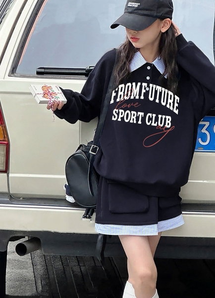 Bộ nỉ From Future Nabi dài tay cổ sơ mi kèm chân váy màu navy