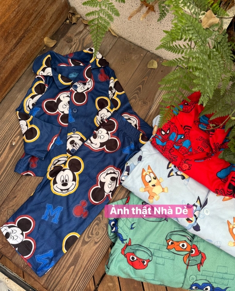 Bộ pyjamas nỉ dạ dài tay Disney Mickey, Bluey, Spiderman bé trai 4 mẫu
