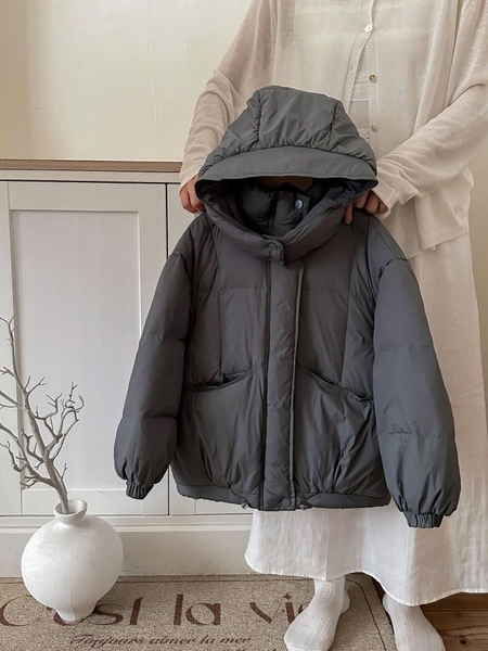 Áo phao Hàn dáng dài kèm mũ 4 màu đỏ, nâu, xám, đen