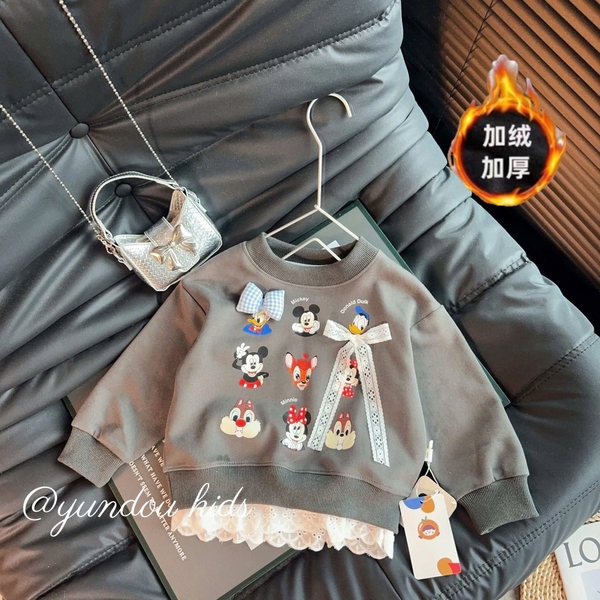 Áo nỉ lót lông phối ren họa tiết Disney 3 màu trắng tiêu, navy, xám