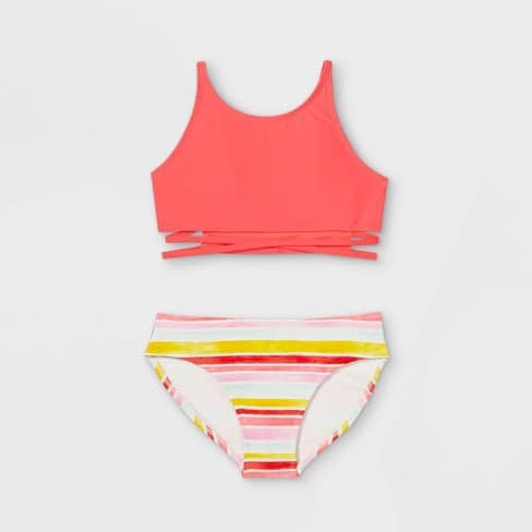 Bộ bikini 2 mảnh Art Class cam phối quần kẻ ngang cam hồng vàng