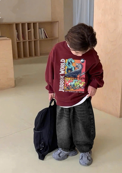 Bộ nỉ Elaine Jurrassic World khủng long áo nỉ đỏ quần jean