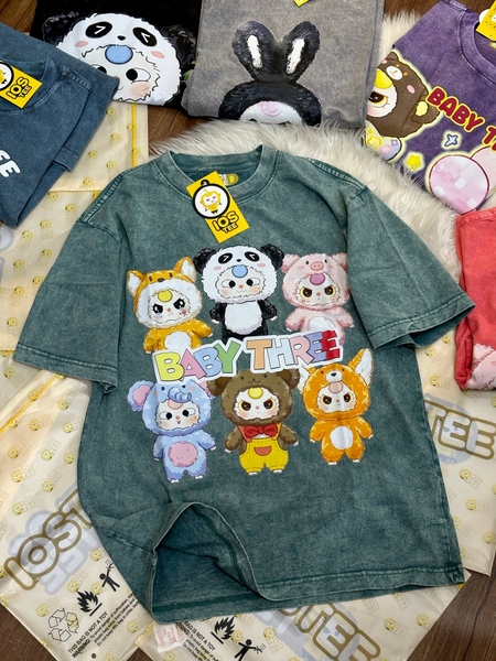 Áo phông XANH LÁ cotton cộc tay loang IOSTEE hình 6 bé Baby Three V3