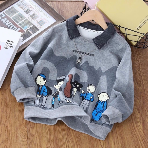 Áo nỉ đính cổ sơ mi hoạ tiết people bé trai 2 màu xám, đen